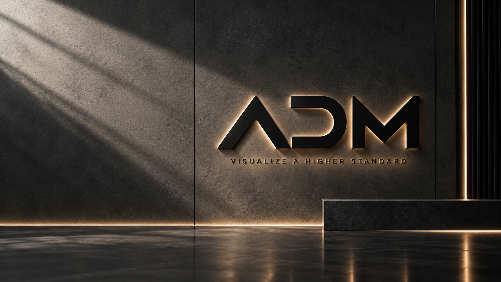 ADM logo on a dark architectural wall